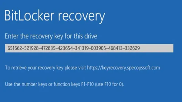 User locating BitLocker recovery key on laptop screen