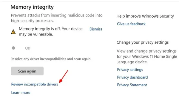 Technician fixing computer to resolve memory integrity incompatible drivers on Windows 11