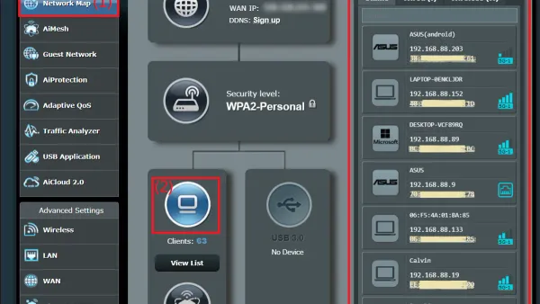 Person viewing devices connected to ASUS router on laptop screen