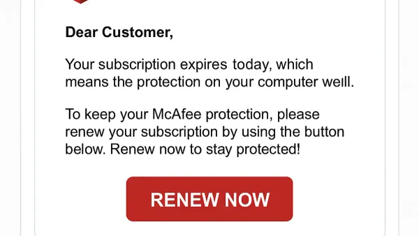 Person reviewing email warning about McAfee renewal scam email on laptop screen