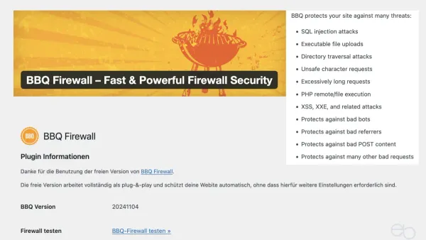 BBQ Firewall review showing WordPress security plugin interface on laptop screen