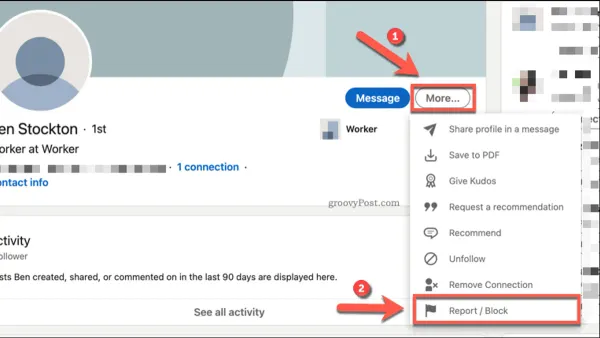 User blocking someone on LinkedIn using privacy settings on a laptop