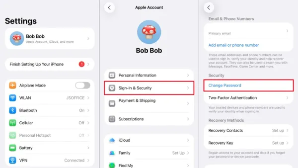 User changing iCloud password on smartphone to secure Apple ID