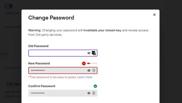 User changing Twitch password securely on a laptop