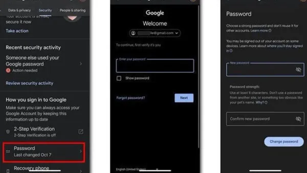 Person changing YouTube password on smartphone using Google account settings