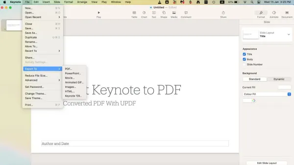 User converting Keynote to PDF on MacBook screen
