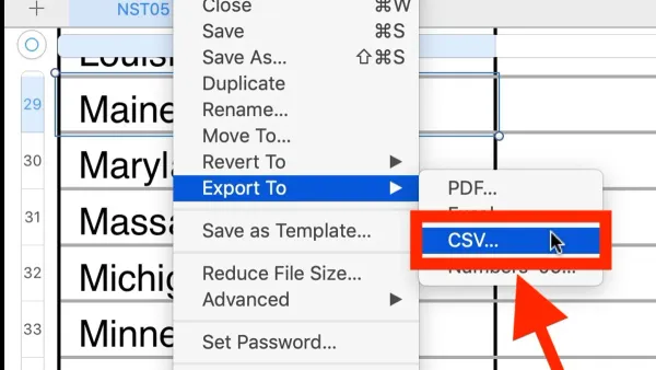 Mac screen showing how to convert Numbers to CSV on Mac
