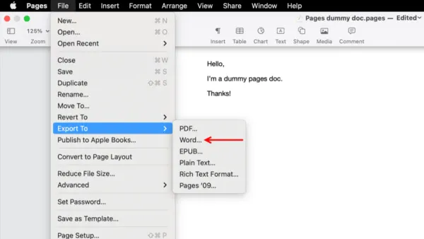 MacBook screen showing how to convert Pages to PDF on Mac