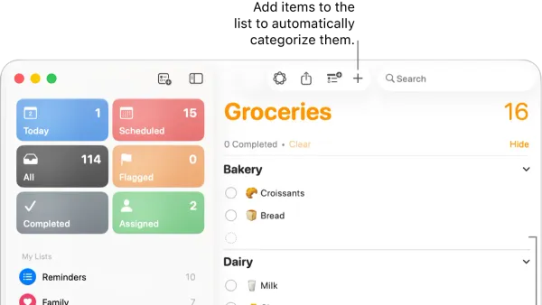 Mac screen showing how to create a grocery list in Reminders on Mac