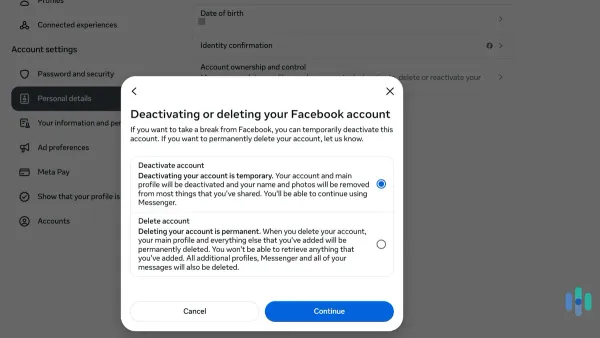 How to delete Facebook account permanently shown on laptop screen