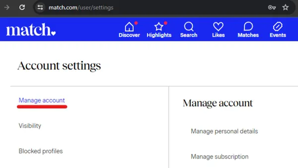 User deleting Match.com account permanently on laptop screen