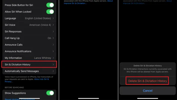 User deleting Siri history on iPhone through settings to protect privacy