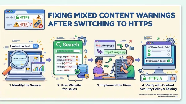 Web developer fixing mixed content warning on website using laptop