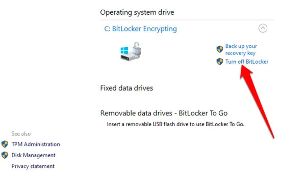 User turning off BitLocker encryption on a Windows laptop screen
