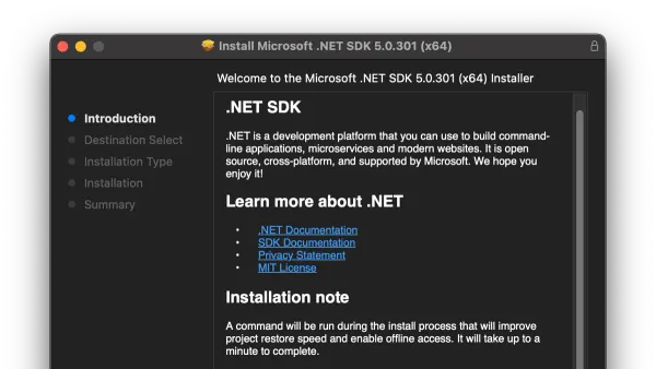 How to install.NET SDK on Mac shown on MacBook screen during setup