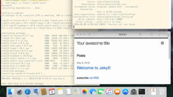 MacBook screen showing Terminal with commands to install Jekyll on Mac