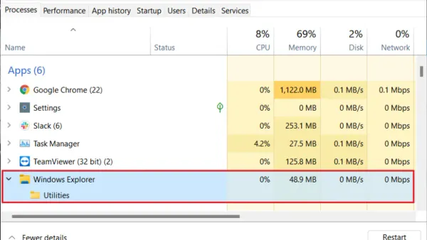 Windows Task Manager displaying explorer.exe process to check if explorer.exe is a virus