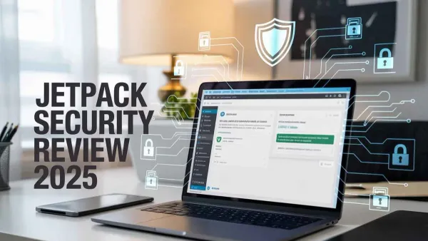 Jetpack Security review showing WordPress site protection features on laptop screen