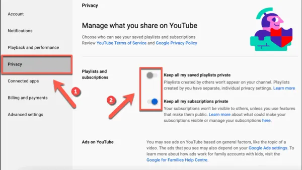 User managing YouTube privacy settings on mobile device for channel control