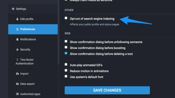 User managing Mastodon privacy settings on laptop for enhanced online security