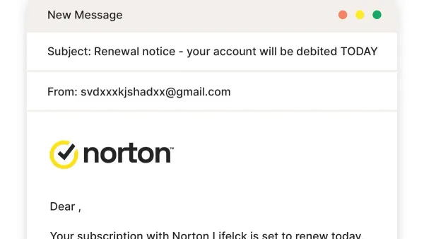 Person examining a Norton renewal scam email on laptop screen showing suspicious content