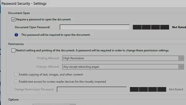 Person using software to password protect a PDF document on a laptop