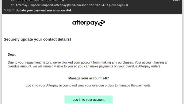 Afterpay account hacked alert on smartphone screen with person securing account