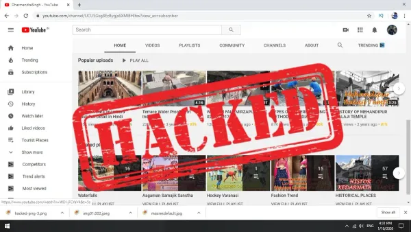 YouTube account hacked alert on laptop screen with person reacting