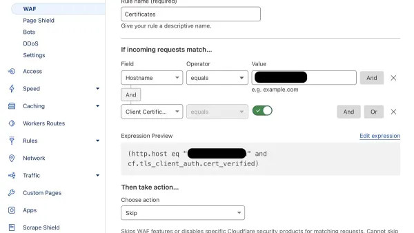 IT professional setting up Cloudflare WAF rules on a computer screen