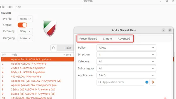 Terminal window displaying commands to set up UFW firewall on Linux