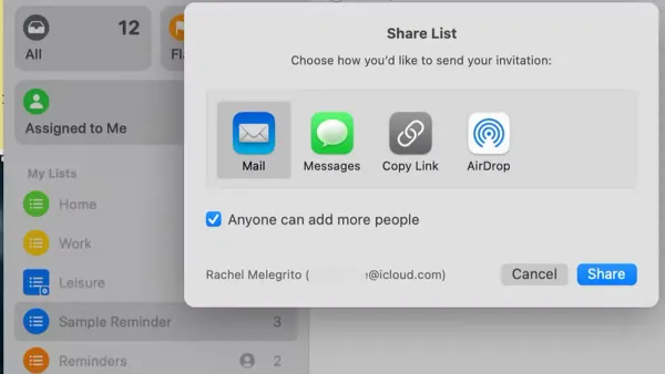 How to share a reminders list in Reminders on Mac shown on a laptop screen