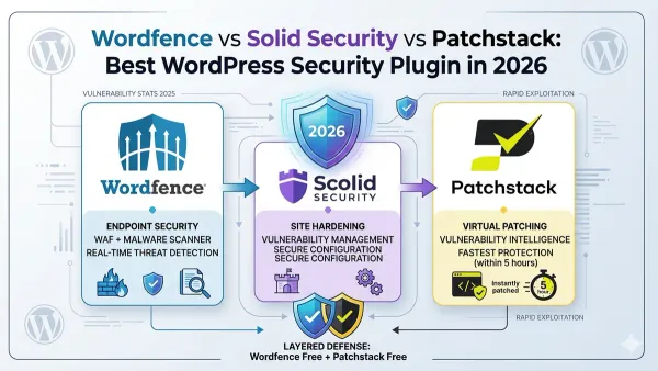 Comparison of Solid Security vs All In One WP Security plugins on a laptop screen