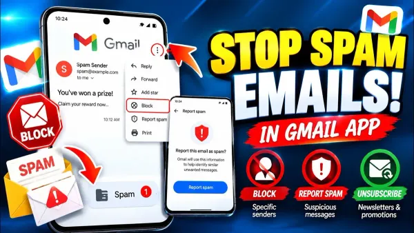 Person managing Gmail inbox to stop spam emails in Gmail