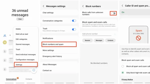 Android smartphone screen showing how to stop spam texts on Android with blocking options