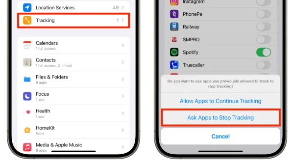 Person turning off app tracking on iPhone and computer for privacy