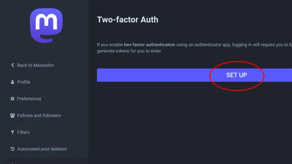 User enabling two-factor authentication on Mastodon using a smartphone