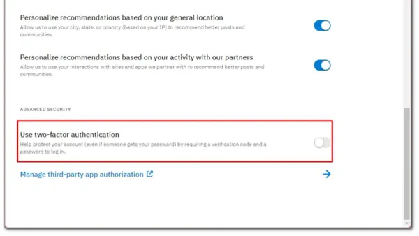 User turning on two-factor authentication on Reddit using a smartphone