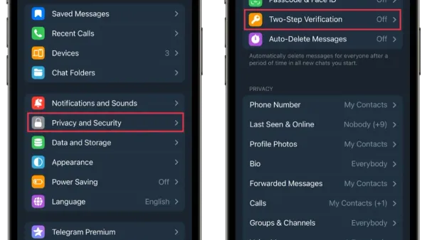User enabling two-factor authentication on Telegram app on smartphone