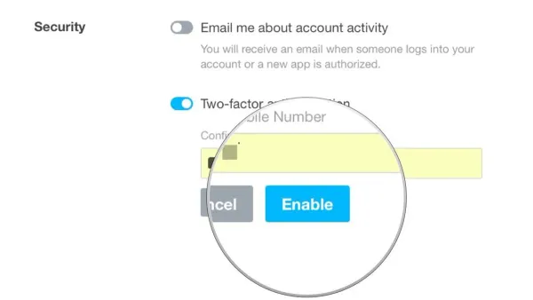 User turning on two-factor authentication on Tumblr using smartphone