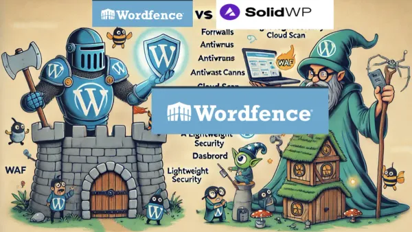 Comparison of Wordfence vs Solid Security WordPress plugins on laptop screen